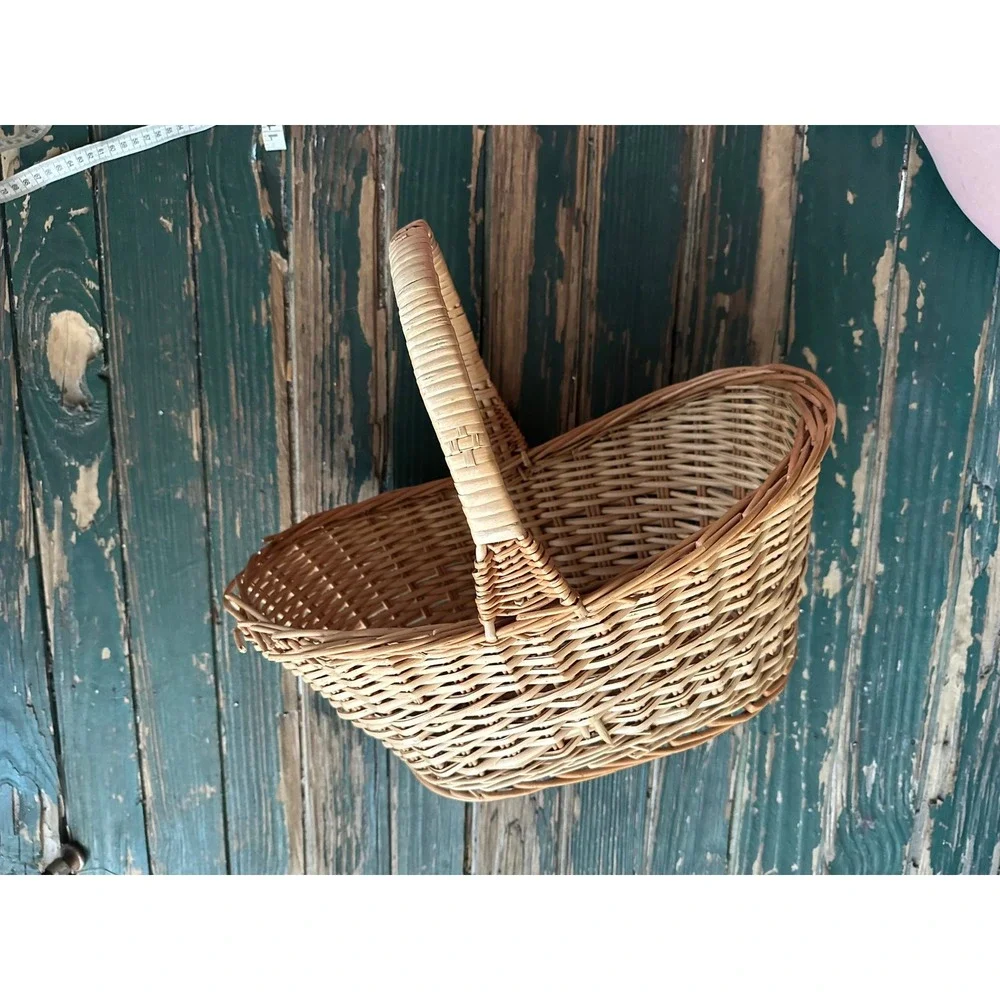Vintage Wicker Gathering Basket Natural Willow Oval Flower Picnic Basket Handle